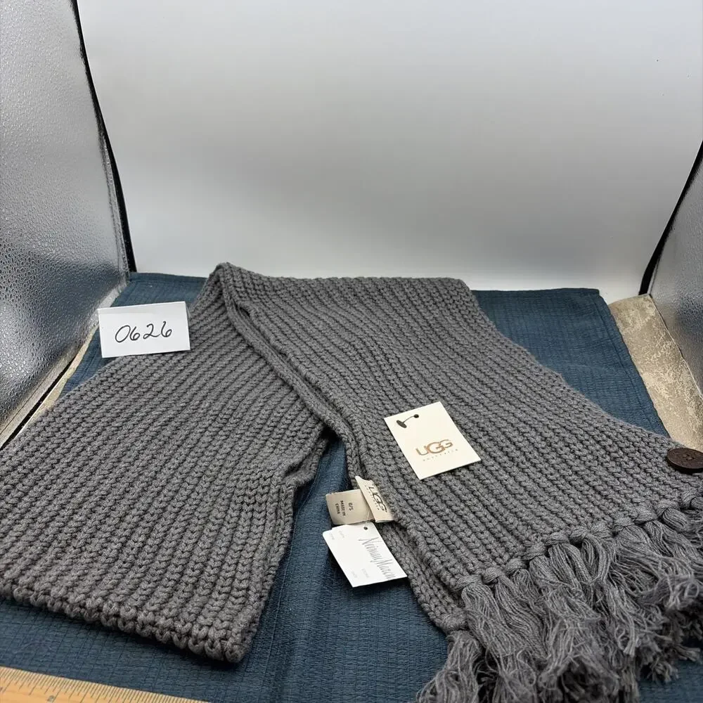 Ugg Gray Knit Winter Scarf Fringed With Accent Buttons New with Tags